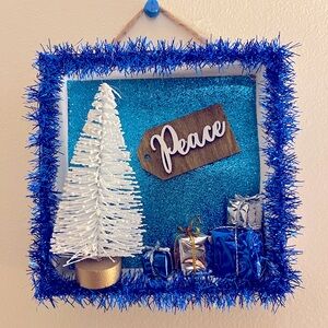 HANDMADE • Blue Tinsel Christmas Shadow Box • 5.5 inch